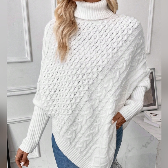 Turtleneck Batwing Sleeve Asymmetrical Hem Cable Knit Poncho - Picture 6 of 6